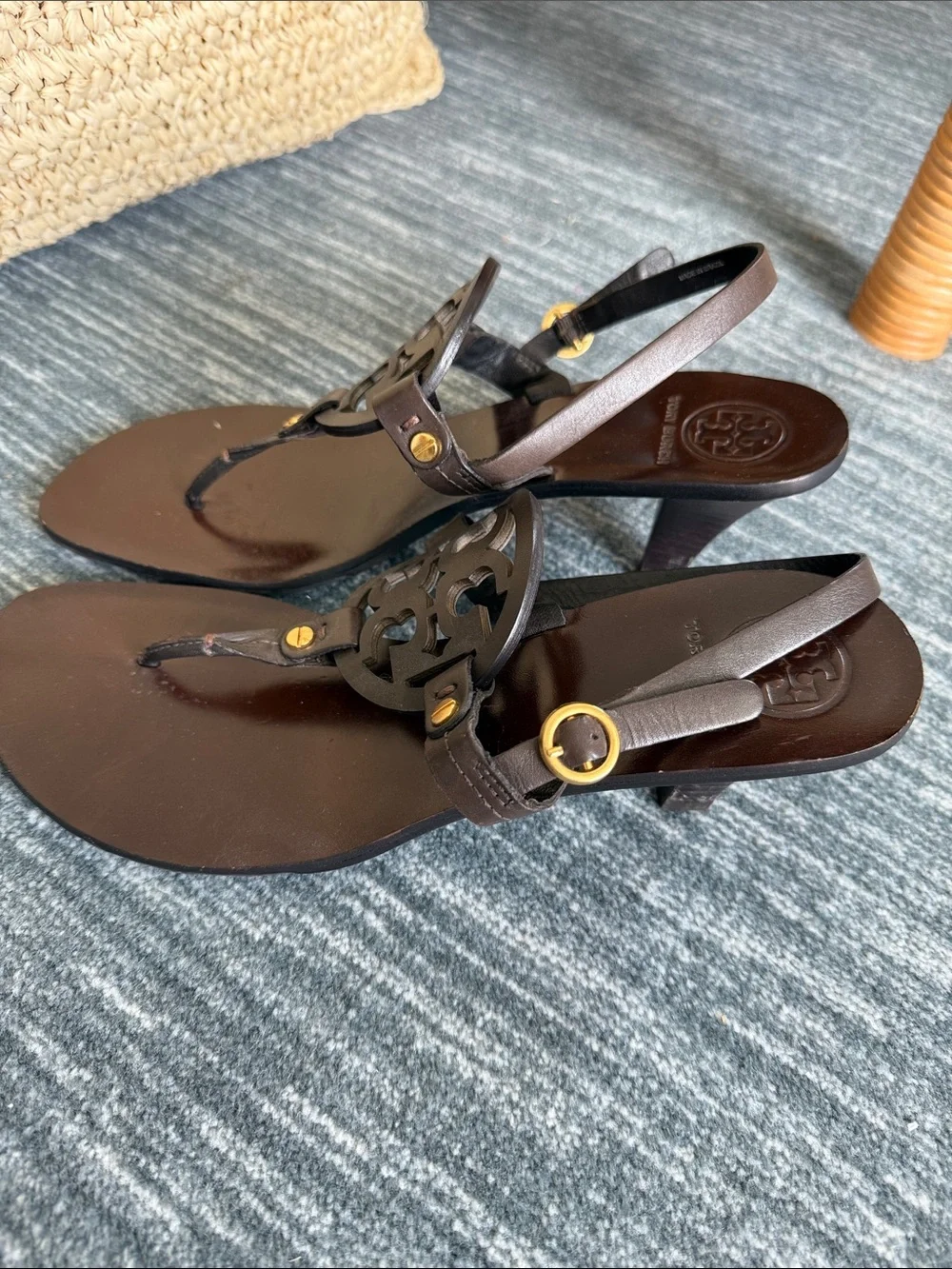 Tory Burch Dark Brown Miller Cutout Logo Thong Sandals. NO BOX